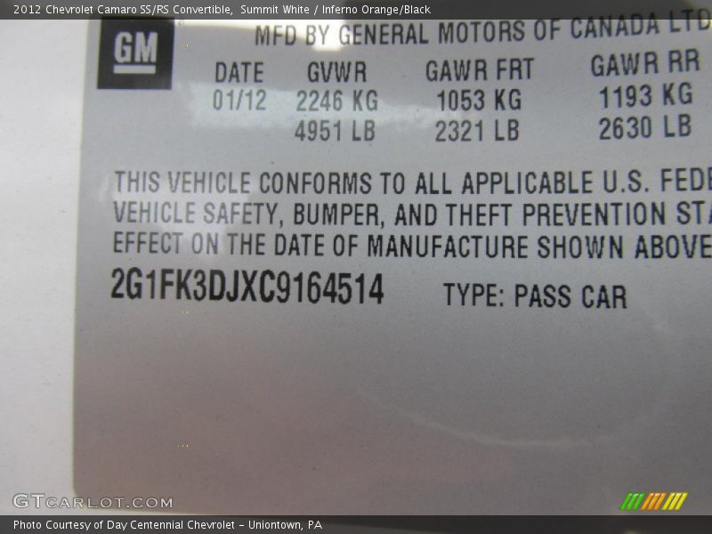 Summit White / Inferno Orange/Black 2012 Chevrolet Camaro SS/RS Convertible