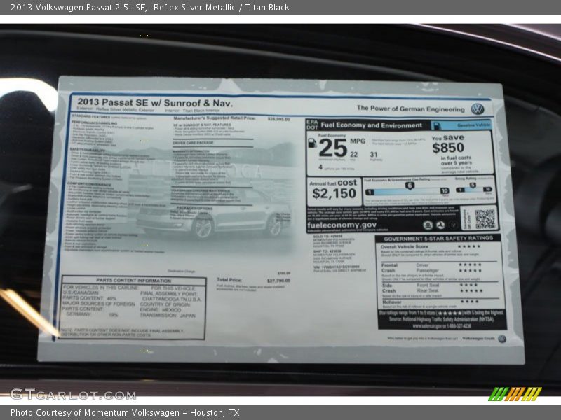 Reflex Silver Metallic / Titan Black 2013 Volkswagen Passat 2.5L SE