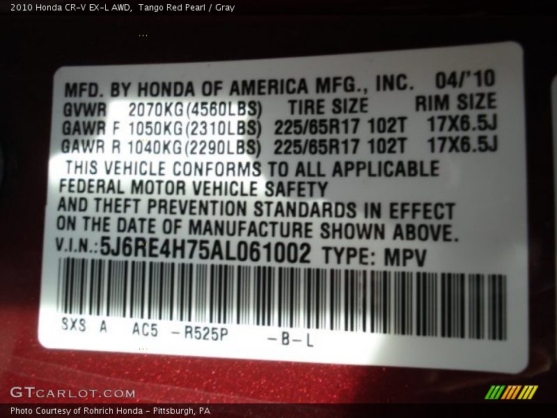 Tango Red Pearl / Gray 2010 Honda CR-V EX-L AWD
