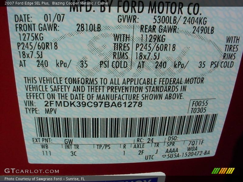 2007 Edge SEL Plus Blazing Copper Metallic Color Code GW