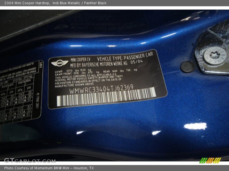 Indi Blue Metallic / Panther Black 2004 Mini Cooper Hardtop