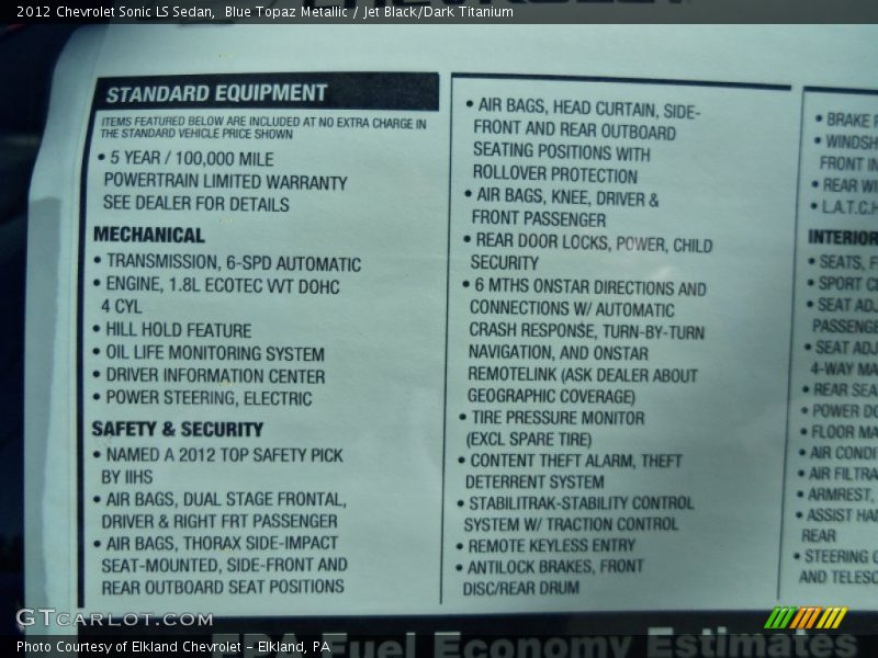  2012 Sonic LS Sedan Window Sticker