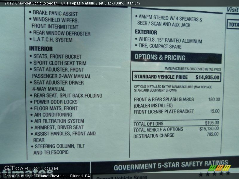  2012 Sonic LS Sedan Window Sticker