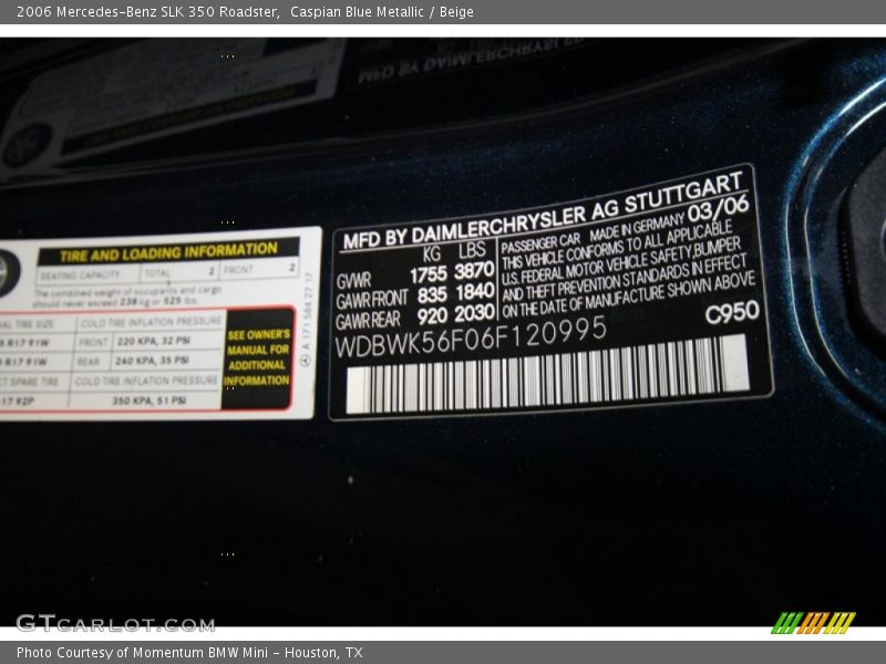Caspian Blue Metallic / Beige 2006 Mercedes-Benz SLK 350 Roadster