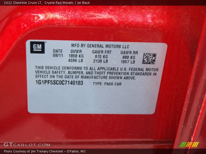 Crystal Red Metallic / Jet Black 2012 Chevrolet Cruze LT