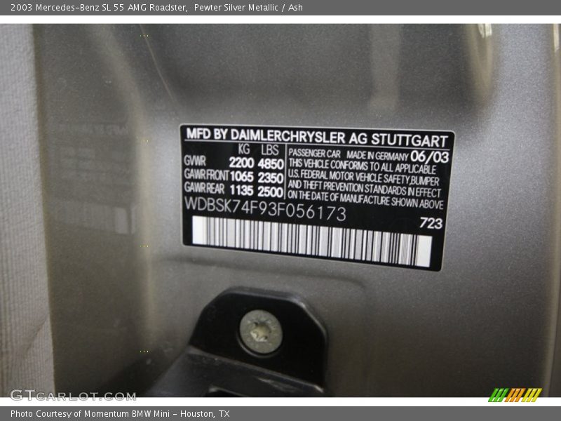 2003 SL 55 AMG Roadster Pewter Silver Metallic Color Code 723