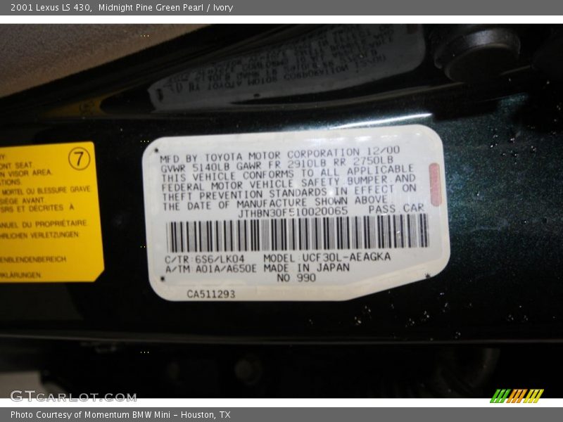 2001 LS 430 Midnight Pine Green Pearl Color Code 6S6