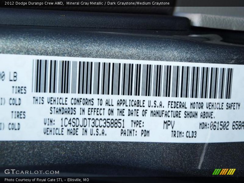 Mineral Gray Metallic / Dark Graystone/Medium Graystone 2012 Dodge Durango Crew AWD