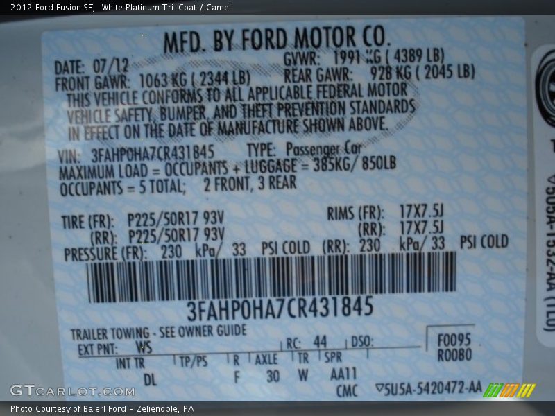 White Platinum Tri-Coat / Camel 2012 Ford Fusion SE