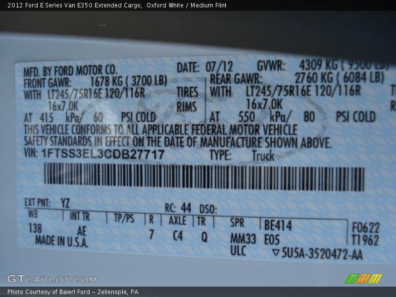 Oxford White / Medium Flint 2012 Ford E Series Van E350 Extended Cargo