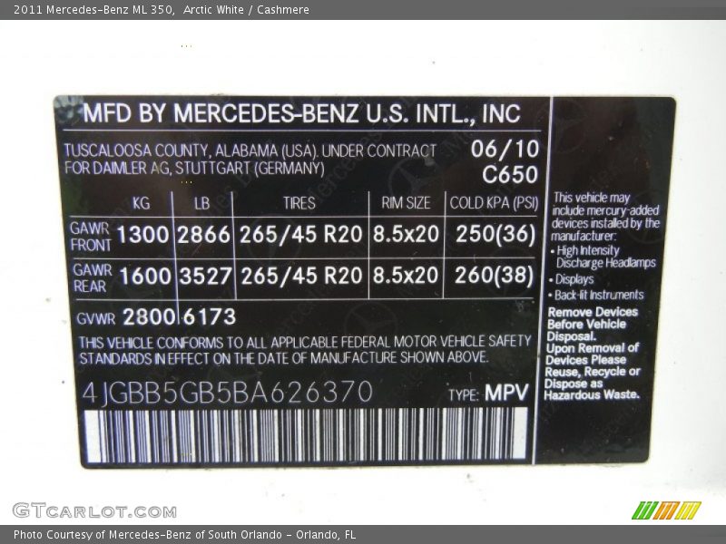 Arctic White / Cashmere 2011 Mercedes-Benz ML 350