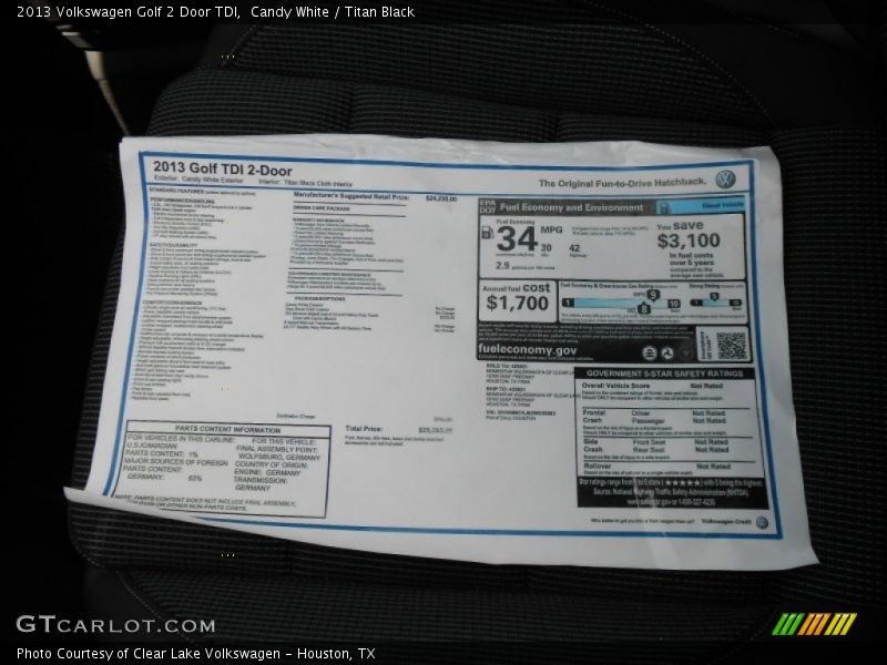  2013 Golf 2 Door TDI Window Sticker