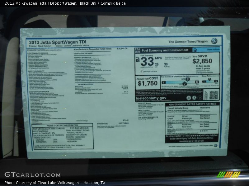  2013 Jetta TDI SportWagen Window Sticker