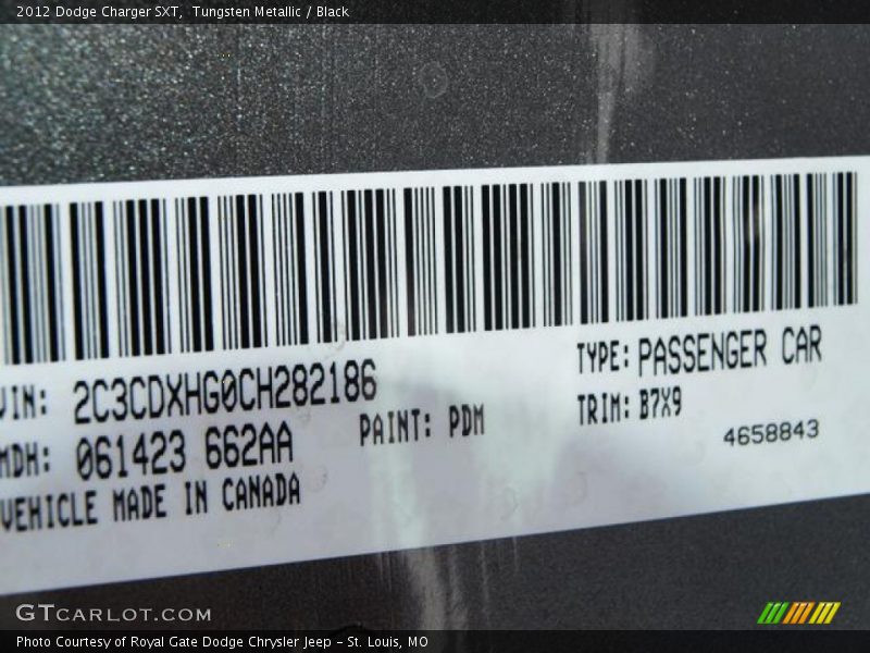 2012 Charger SXT Tungsten Metallic Color Code PDM