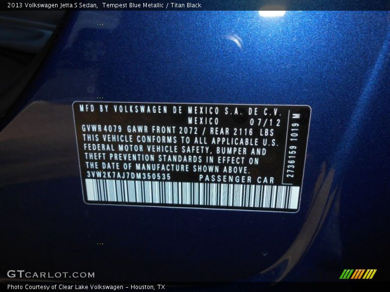Tempest Blue Metallic / Titan Black 2013 Volkswagen Jetta S Sedan