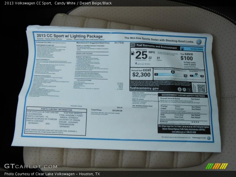 Candy White / Desert Beige/Black 2013 Volkswagen CC Sport
