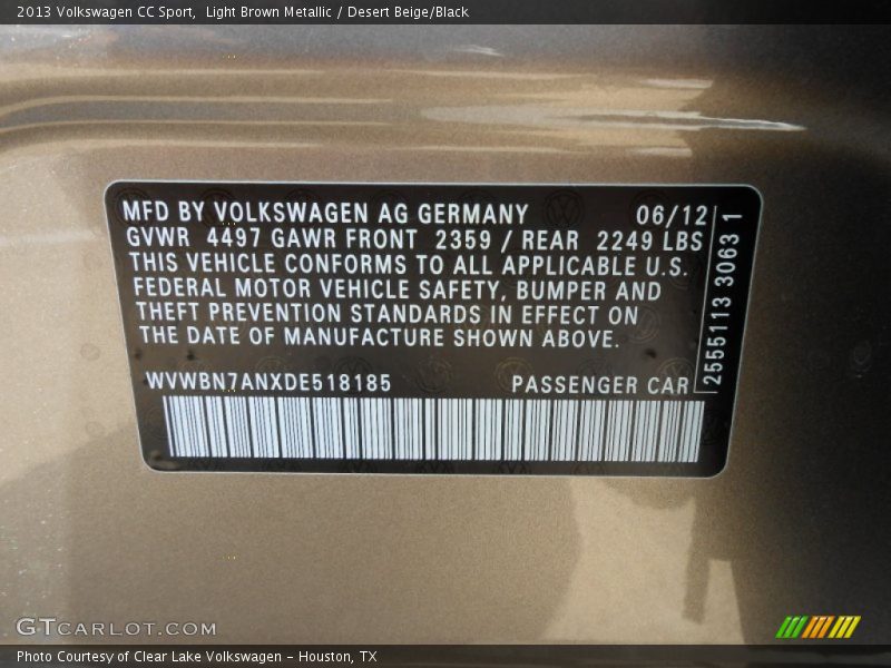 Light Brown Metallic / Desert Beige/Black 2013 Volkswagen CC Sport