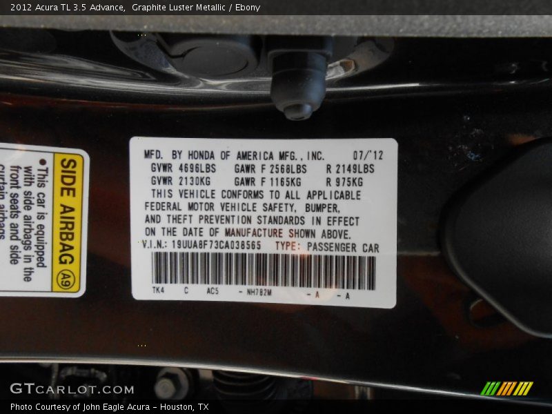 Graphite Luster Metallic / Ebony 2012 Acura TL 3.5 Advance