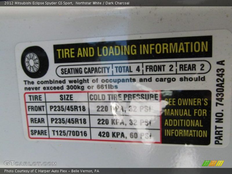 Info Tag of 2012 Eclipse Spyder GS Sport