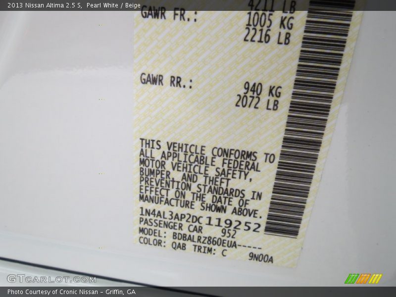 Pearl White / Beige 2013 Nissan Altima 2.5 S