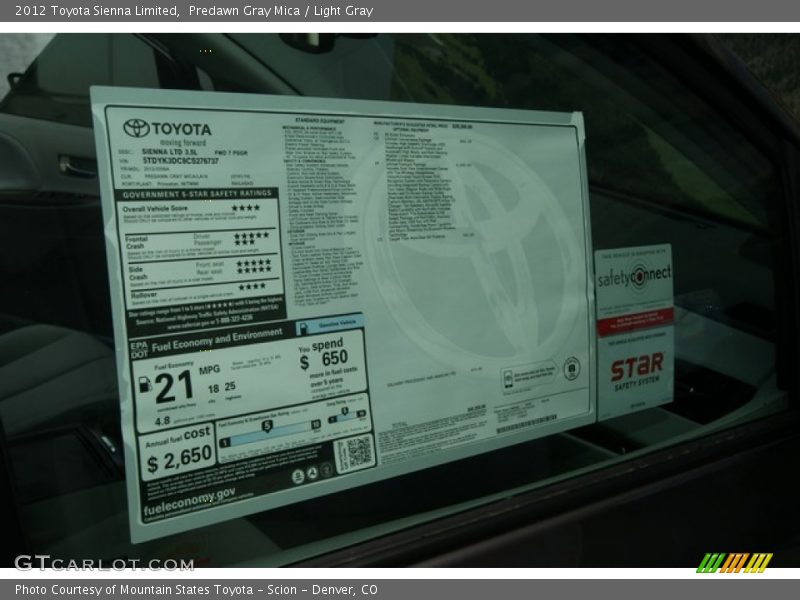 Predawn Gray Mica / Light Gray 2012 Toyota Sienna Limited