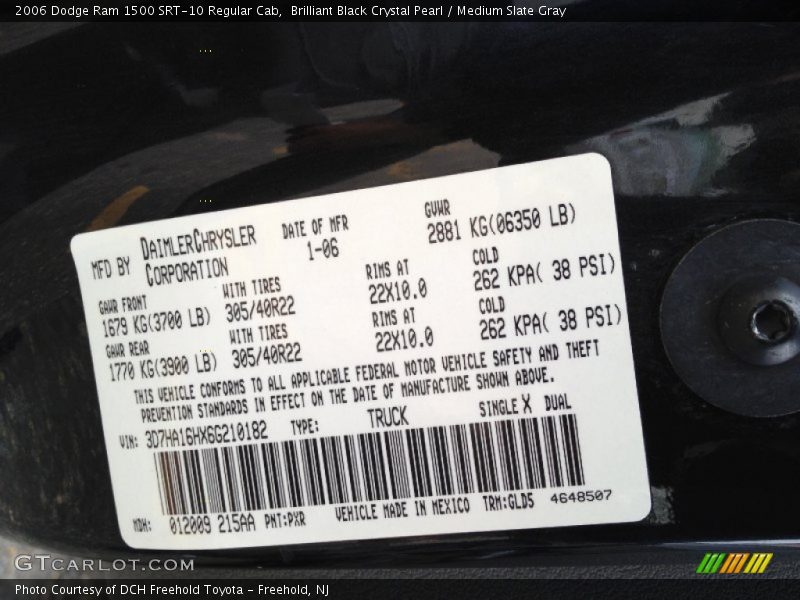 2006 Ram 1500 SRT-10 Regular Cab Brilliant Black Crystal Pearl Color Code PXR