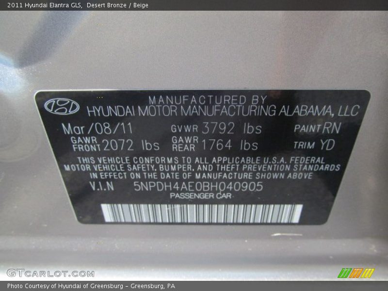 Desert Bronze / Beige 2011 Hyundai Elantra GLS