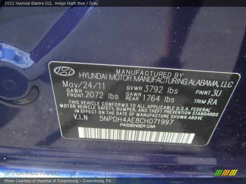 Indigo Night Blue / Gray 2012 Hyundai Elantra GLS
