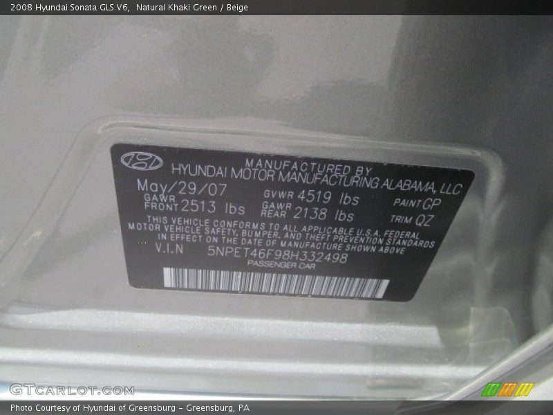 Natural Khaki Green / Beige 2008 Hyundai Sonata GLS V6