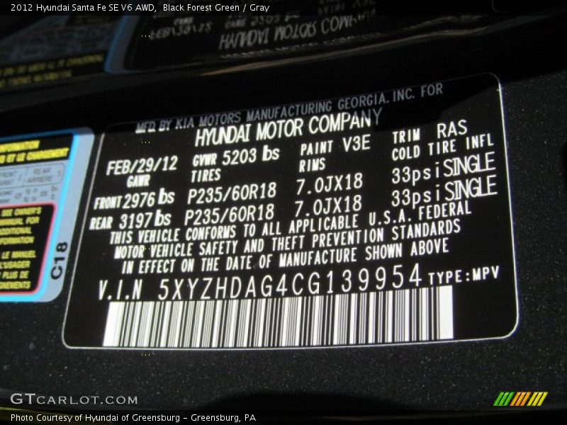 Black Forest Green / Gray 2012 Hyundai Santa Fe SE V6 AWD