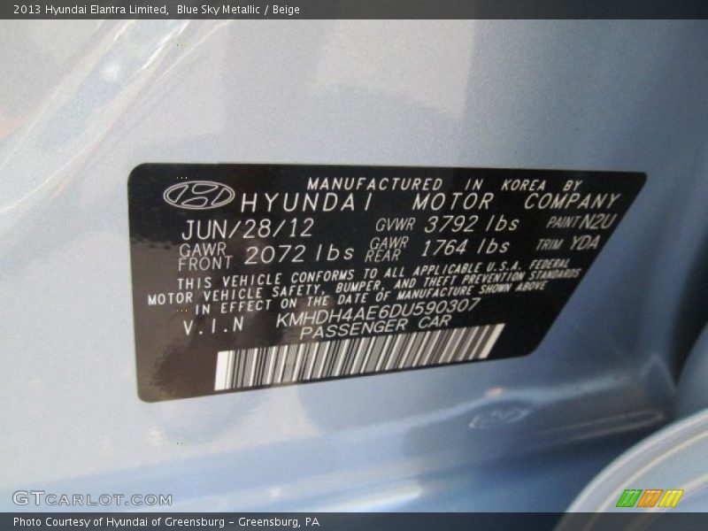 Blue Sky Metallic / Beige 2013 Hyundai Elantra Limited