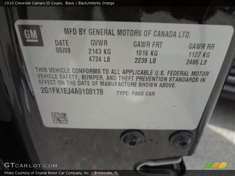 Black / Black/Inferno Orange 2010 Chevrolet Camaro SS Coupe