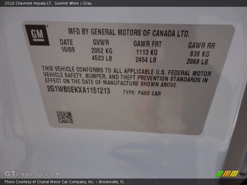 Summit White / Gray 2010 Chevrolet Impala LT