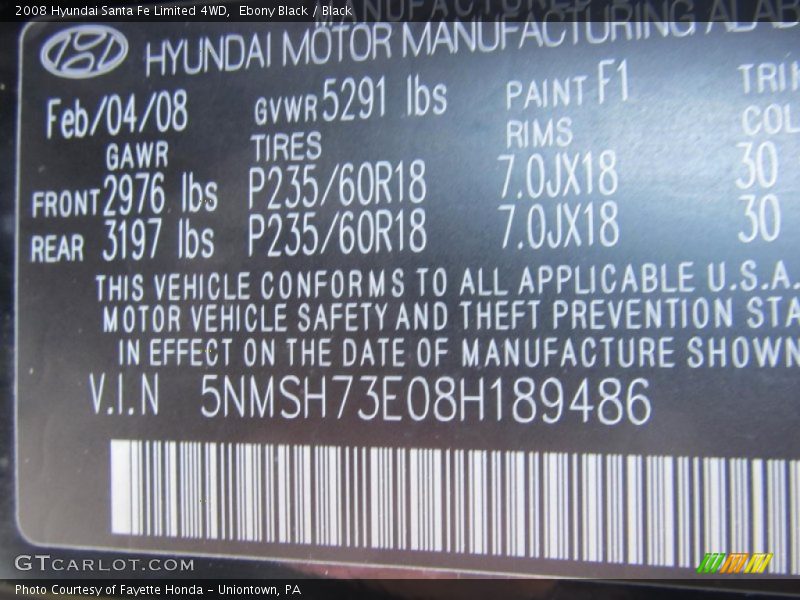 Ebony Black / Black 2008 Hyundai Santa Fe Limited 4WD