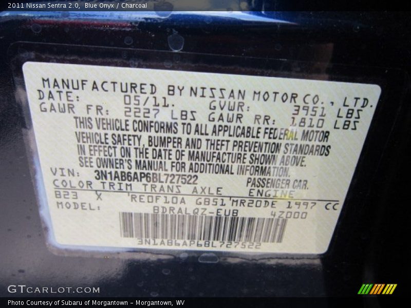 Blue Onyx / Charcoal 2011 Nissan Sentra 2.0