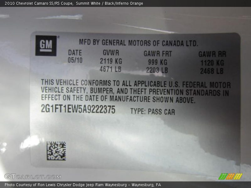 Summit White / Black/Inferno Orange 2010 Chevrolet Camaro SS/RS Coupe