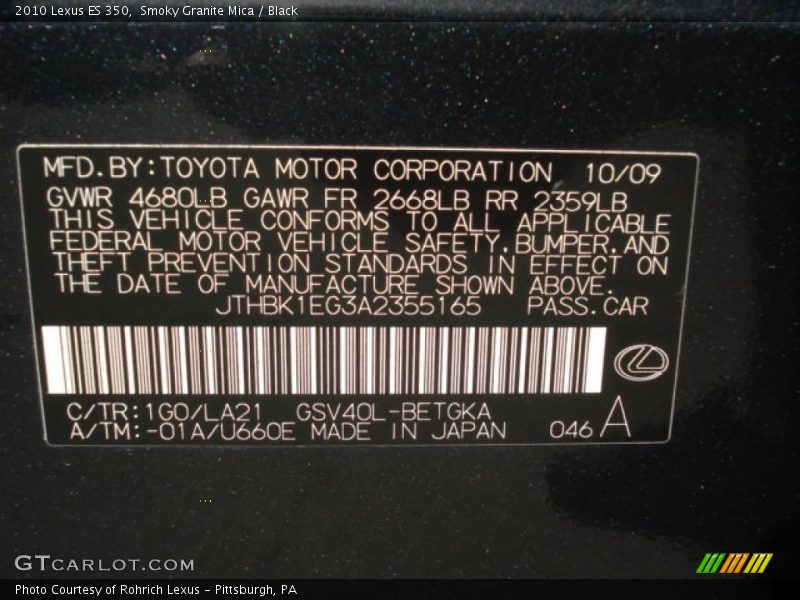 Smoky Granite Mica / Black 2010 Lexus ES 350