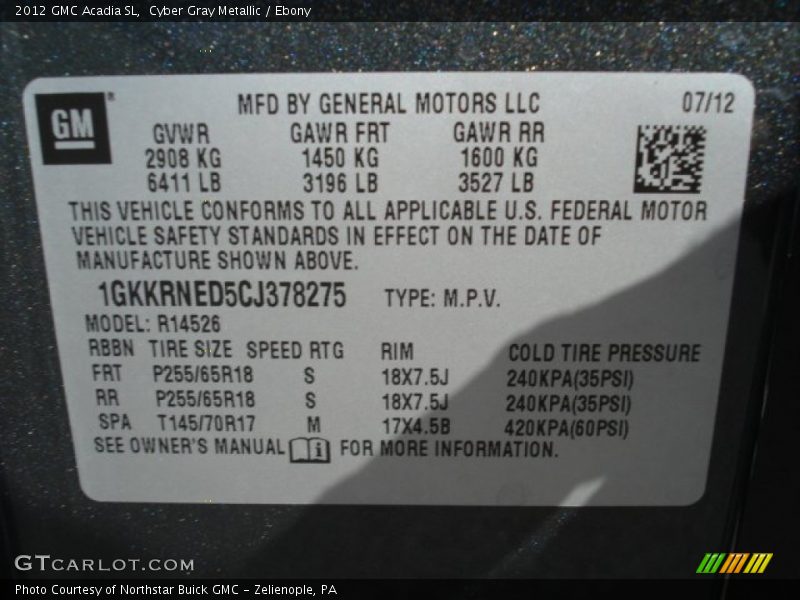 Cyber Gray Metallic / Ebony 2012 GMC Acadia SL