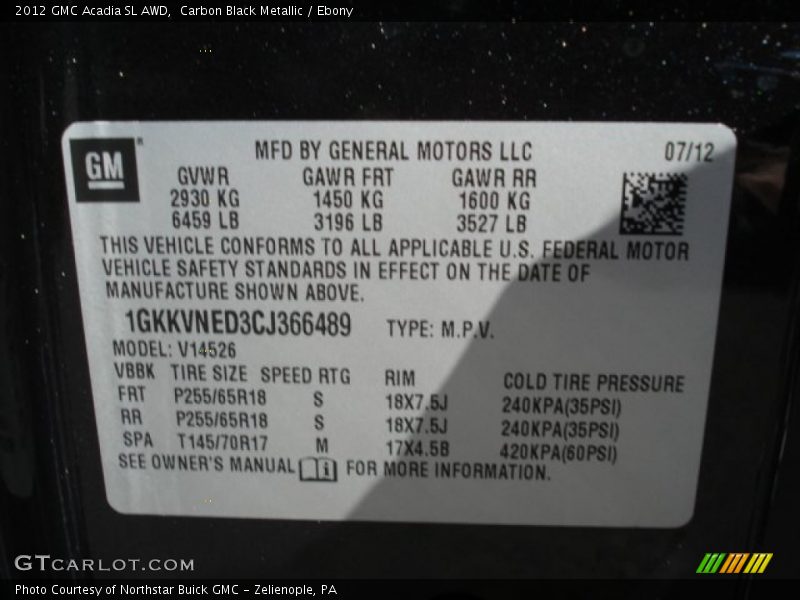 Carbon Black Metallic / Ebony 2012 GMC Acadia SL AWD