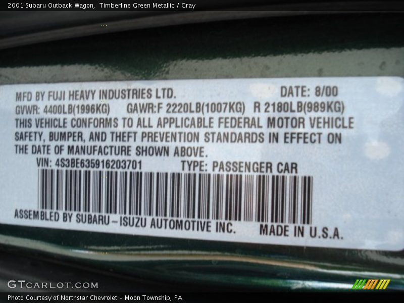 Timberline Green Metallic / Gray 2001 Subaru Outback Wagon