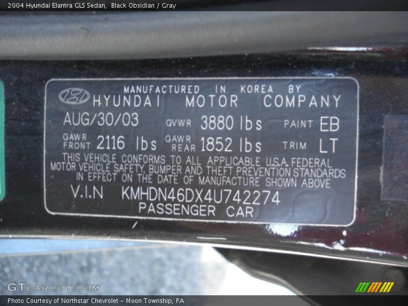 Black Obsidian / Gray 2004 Hyundai Elantra GLS Sedan