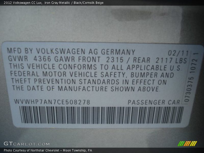 Iron Gray Metallic / Black/Cornsilk Beige 2012 Volkswagen CC Lux