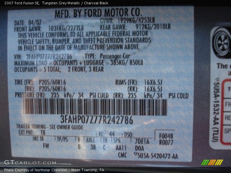 Tungsten Grey Metallic / Charcoal Black 2007 Ford Fusion SE