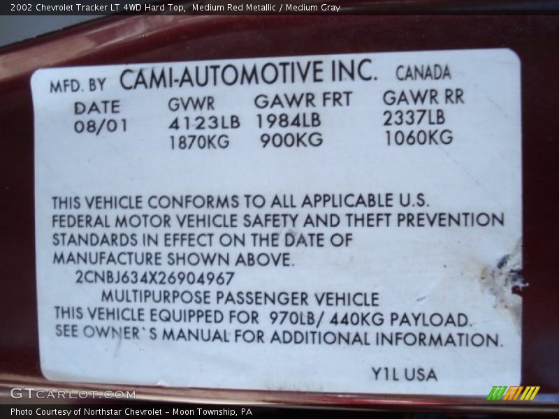 Medium Red Metallic / Medium Gray 2002 Chevrolet Tracker LT 4WD Hard Top