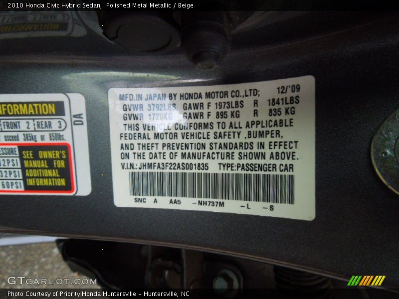 2010 Civic Hybrid Sedan Polished Metal Metallic Color Code NH737M