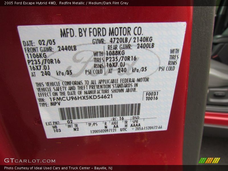 Redfire Metallic / Medium/Dark Flint Grey 2005 Ford Escape Hybrid 4WD