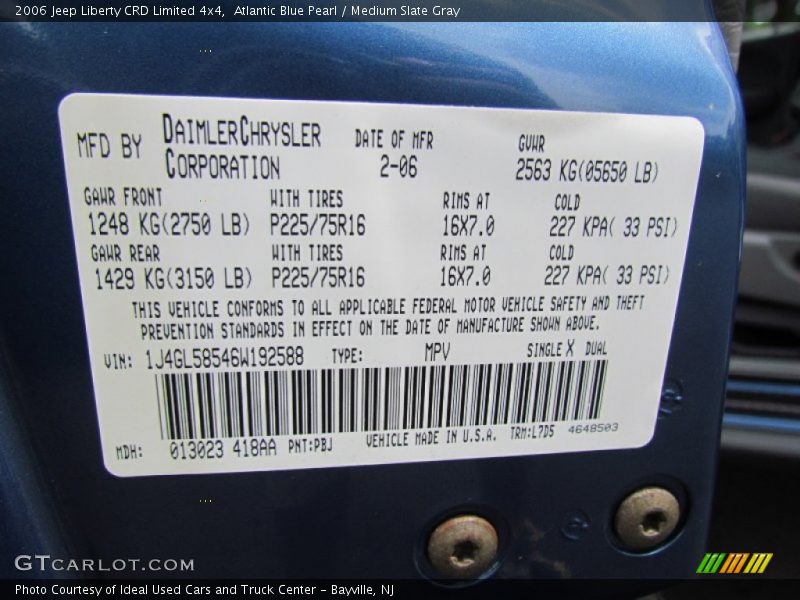 2006 Liberty CRD Limited 4x4 Atlantic Blue Pearl Color Code PBJ