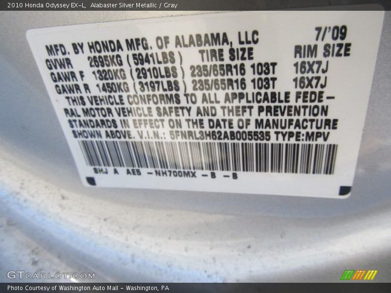 Alabaster Silver Metallic / Gray 2010 Honda Odyssey EX-L