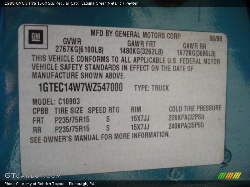 Laguna Green Metallic / Pewter 1998 GMC Sierra 1500 SLE Regular Cab