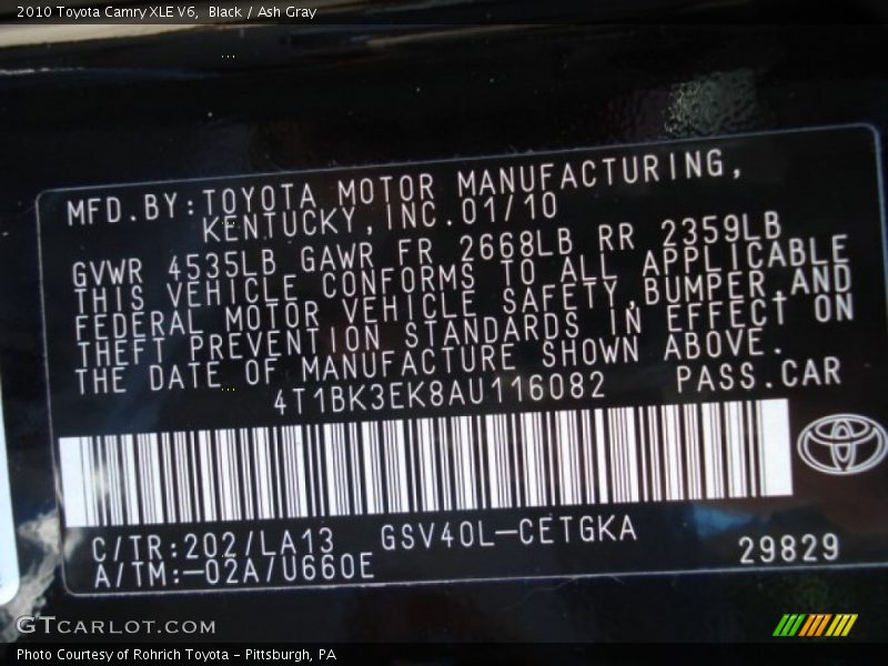 Black / Ash Gray 2010 Toyota Camry XLE V6